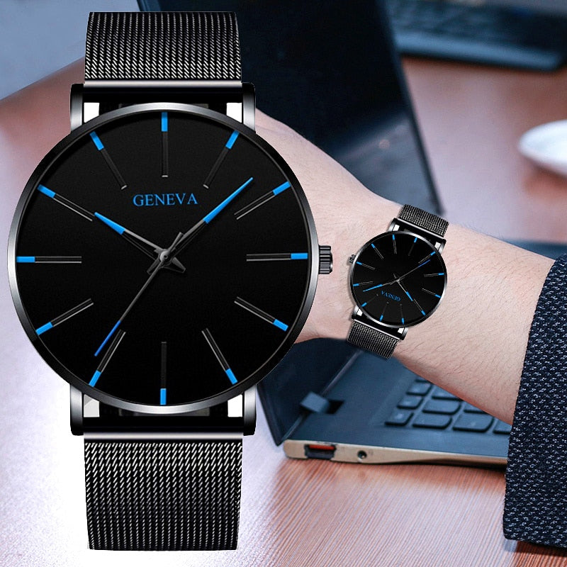 Men's Watch Black Quartz Alloy Mesh Strap